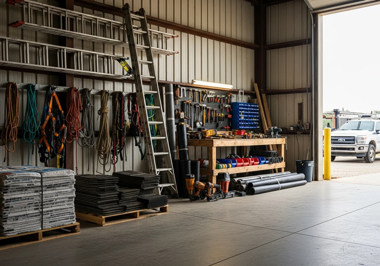 Construction crew with roofing tools and equipment on a job site, ready for installation or repair work.