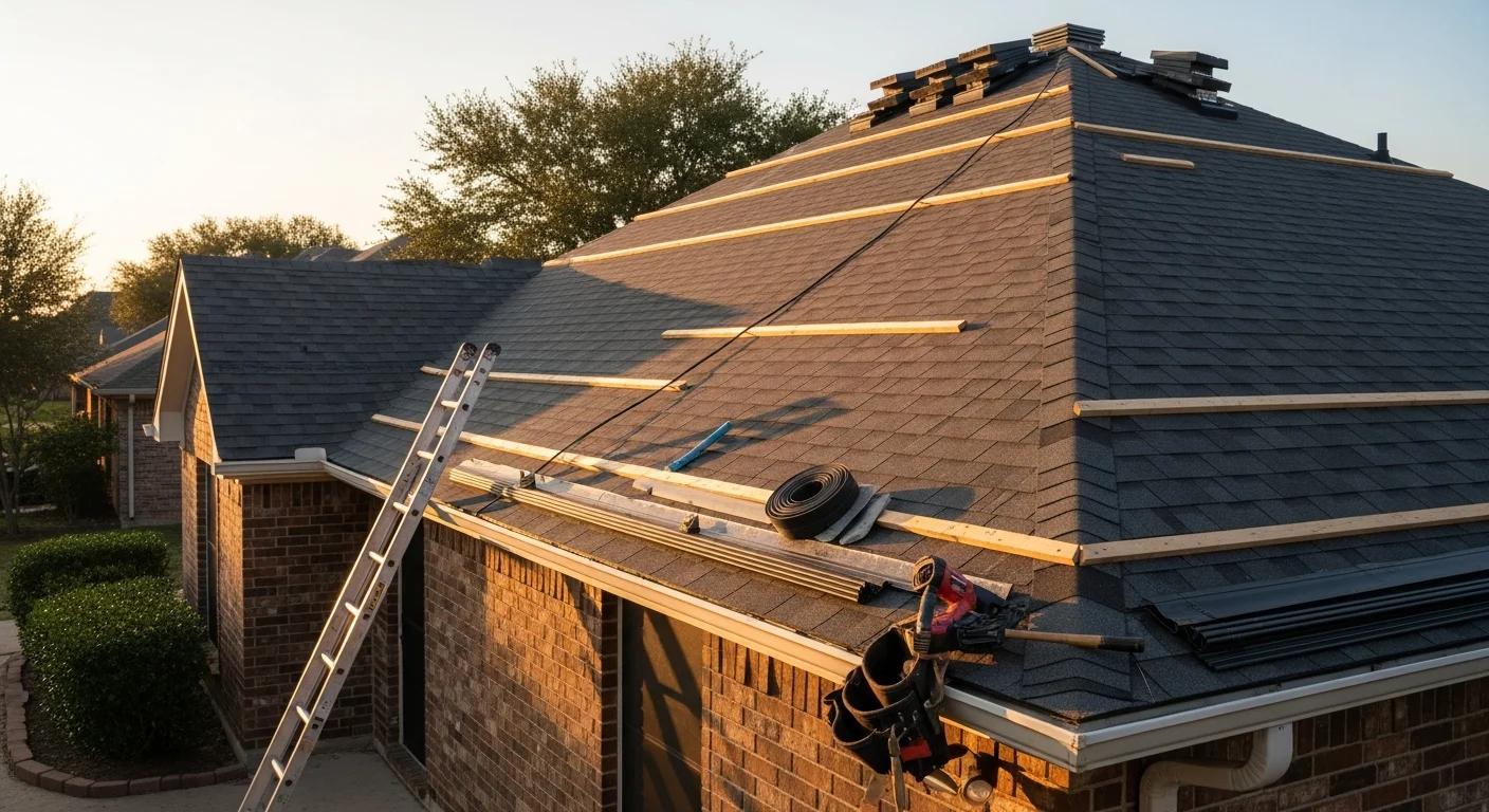 Professional roofer installing shingles on residential roof