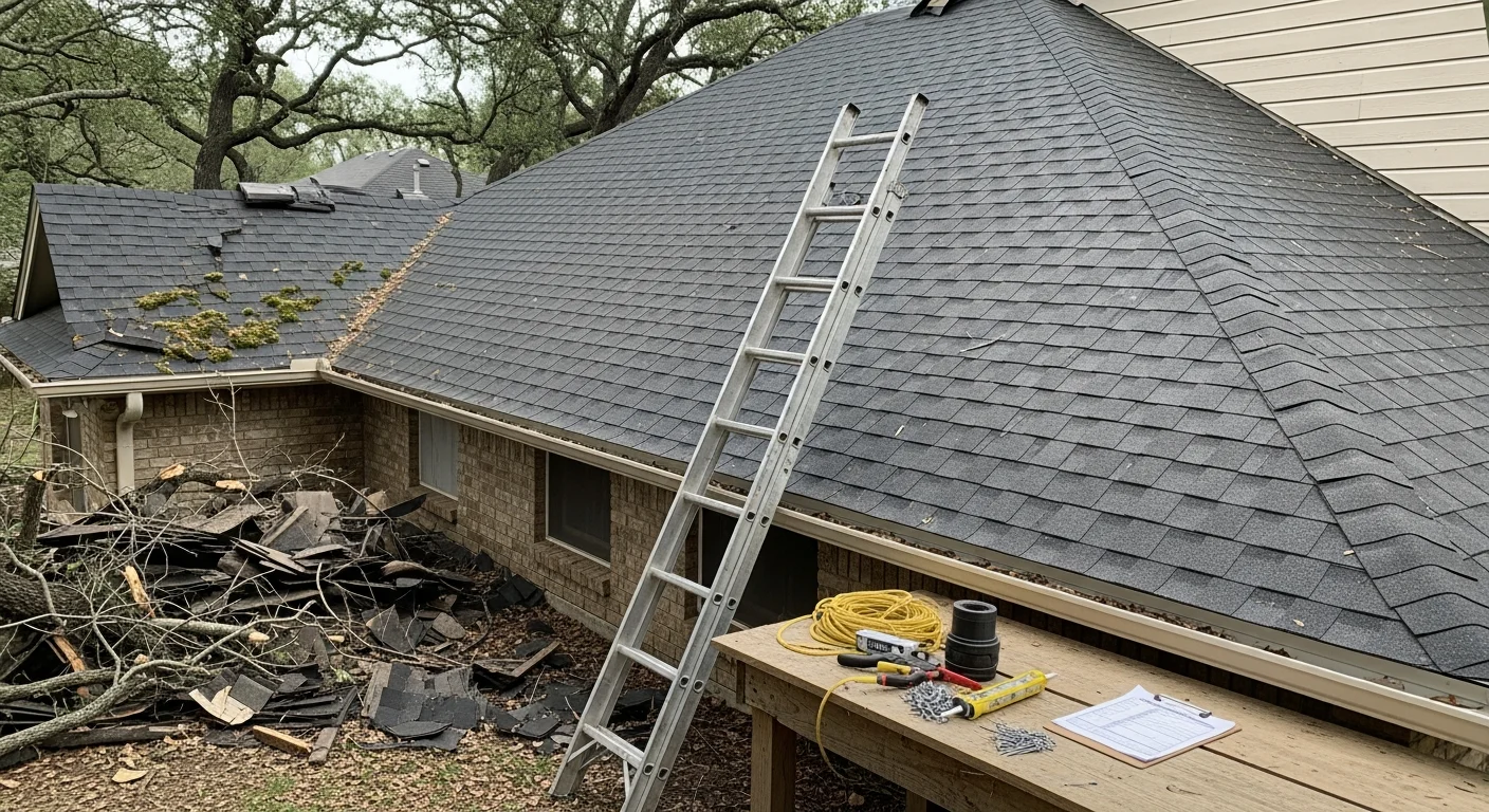 Roofer inspecting storm damage on residential roof