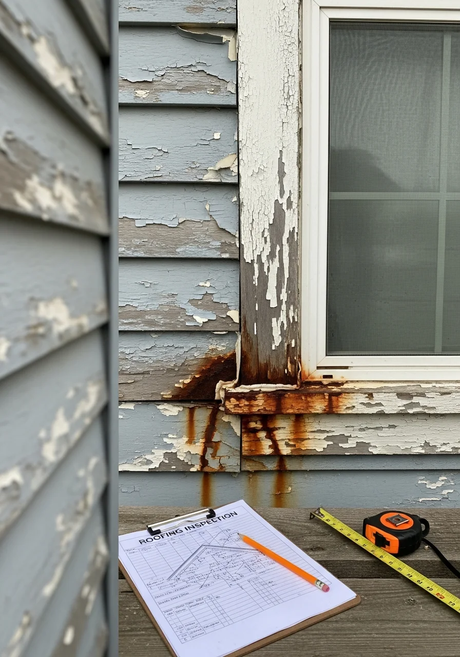 Crew member inspecting exterior details on a Galveston coastal home, showing attention to salt-air damage prevention.