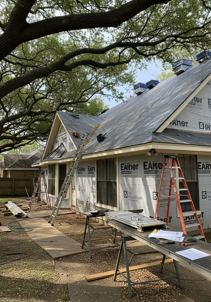 Professional team member reviewing project plans on a residential property in a typical Houston-area neighborhood.