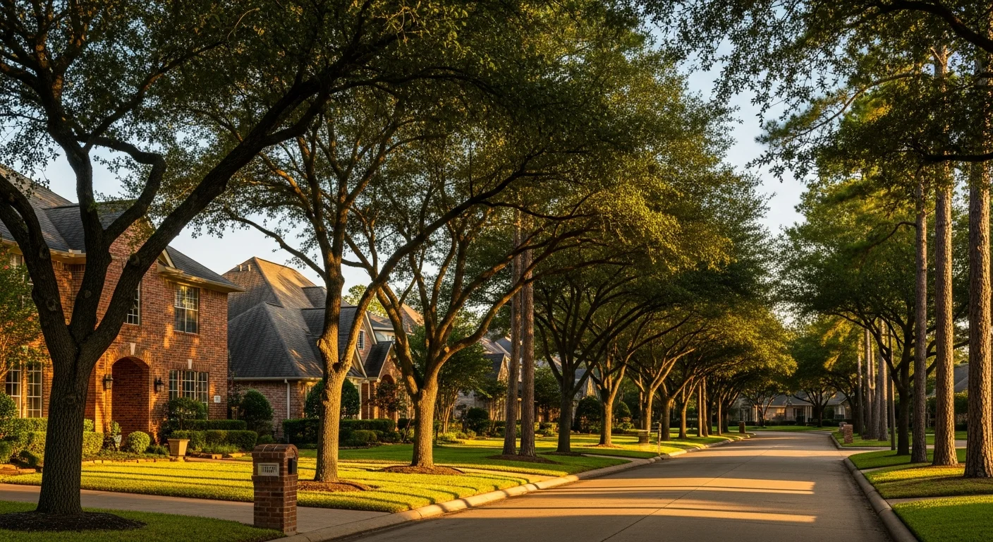 Residential street in a Montgomery County subdivision with mature trees and well-maintained homes typical of The Woodlands or Spring area.