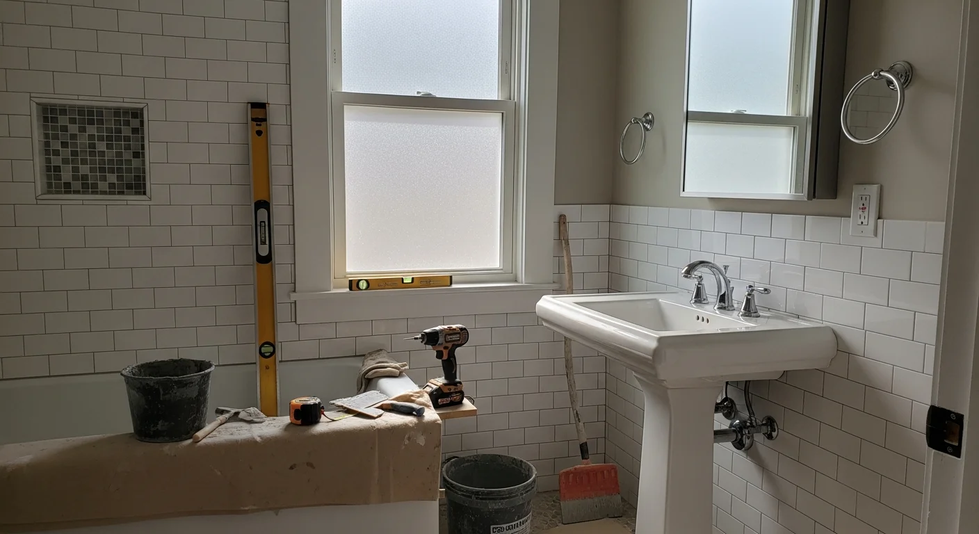 A newly remodeled bathroom in a Montgomery, AL home featuring a curbless walk-in shower with tile surround, updated vanity, and fresh flooring completed by Forged Roofing Solutions.