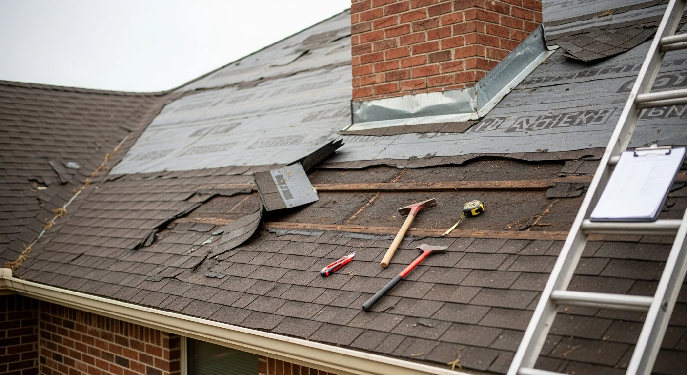 A Montgomery, Alabama residential roof with storm-damaged shingles being assessed by a Forged Roofing Solutions crew member after a severe thunderstorm. Lifted and missing shingles are visible along the ridge line of an older single-family home.