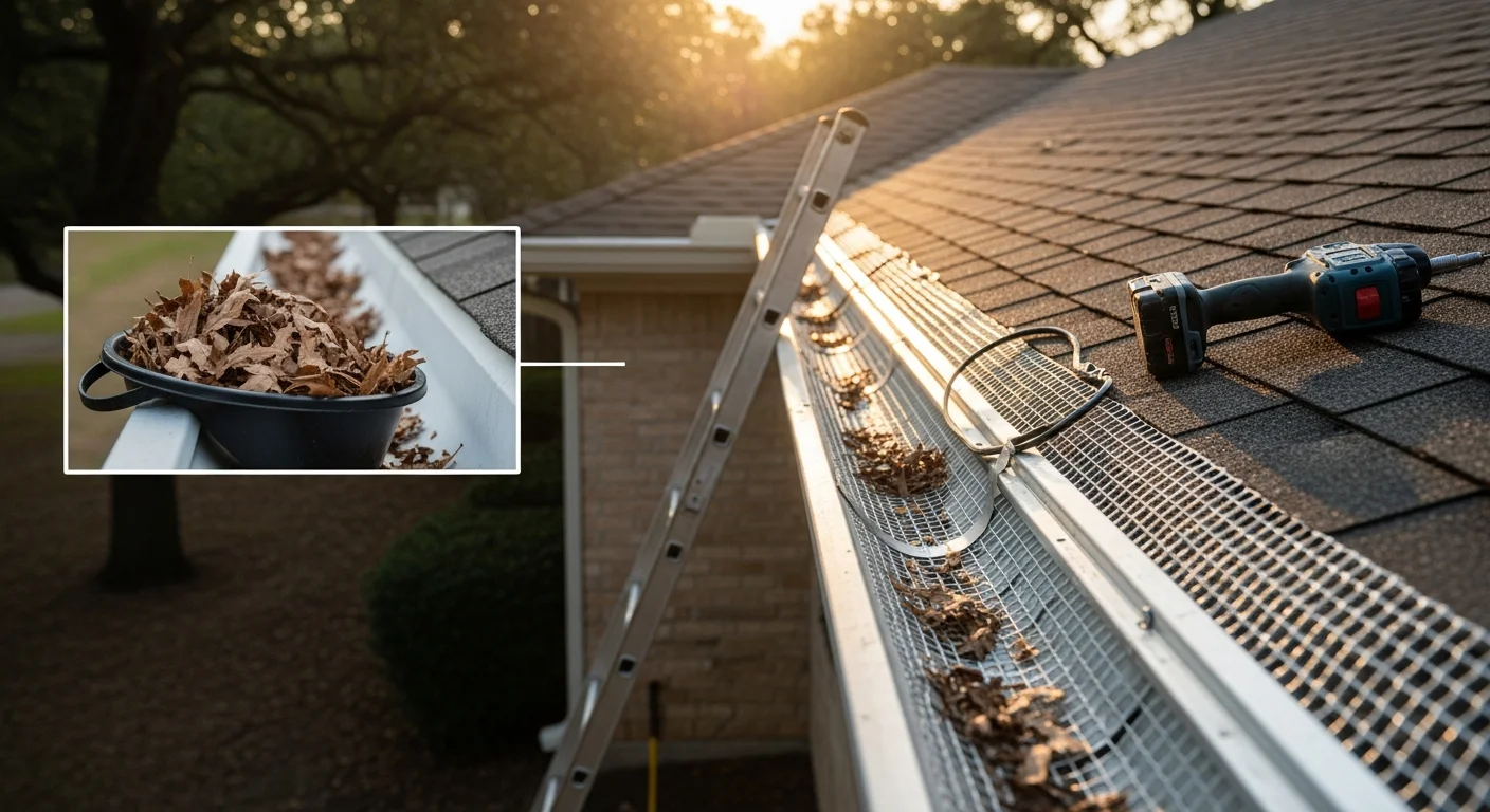 Close-up view of a newly installed gutter guard system on a single-story Montgomery, Alabama home, with oak tree branches visible overhead and clean, debris-free gutter channels below.