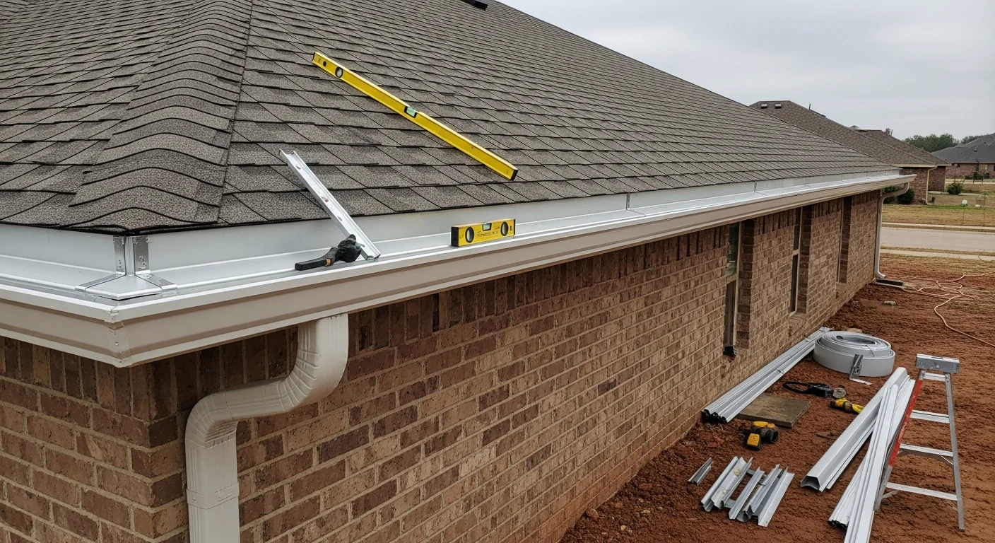 Newly installed seamless gutters and downspouts on a single-story Montgomery, AL home with a shingled roof. The downspout runs along the exterior wall and directs water away from the home's foundation toward the yard.