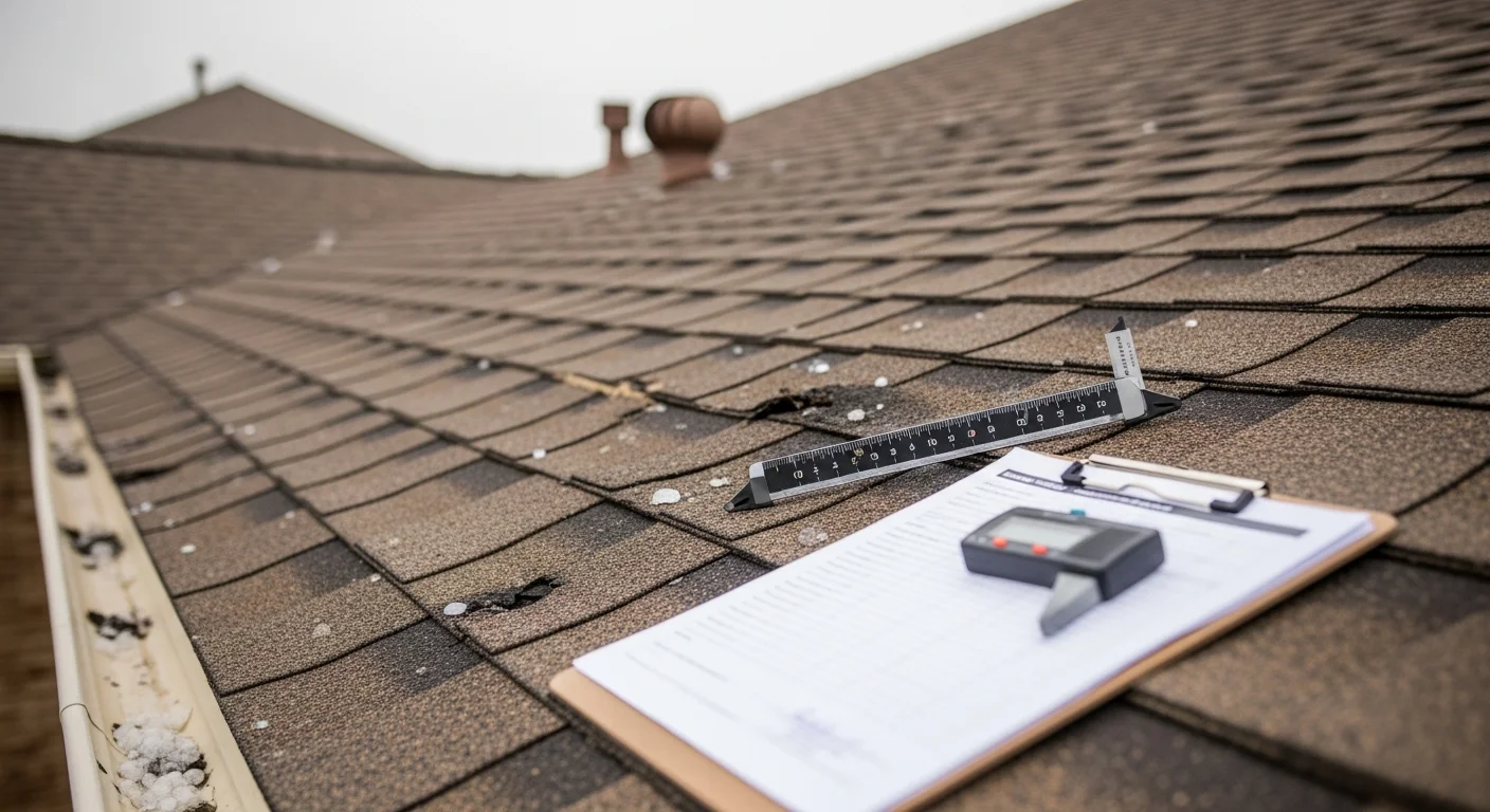 A Forged Roofing Solutions inspector examining hail impact marks and granule loss on a residential roof in Montgomery, YES. Close-up view of dented metal flashing and bruised shingles documented during a post-storm hail damage assessment.