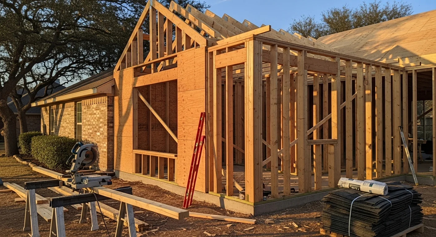 A newly completed single-story room addition attached to a residential home in Montgomery, Alabama, with matched exterior siding and a continuous roofline. The addition includes a framed window and exterior trim that aligns with the original structure.