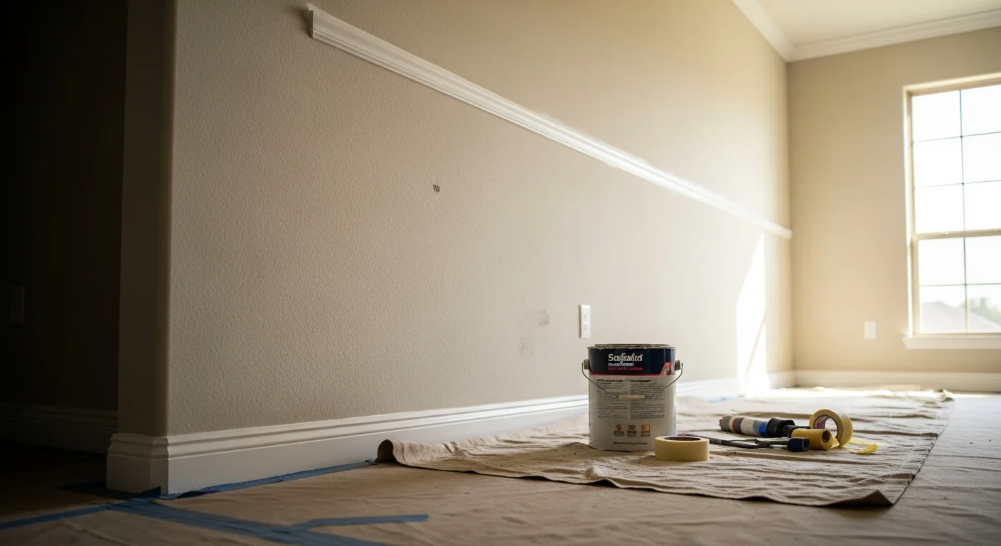 A freshly painted interior living room in a Montgomery, Alabama home showing clean white walls, sharp trim lines, and even ceiling coverage. The room is clear of debris with furniture protected, reflecting a completed professional interior painting job.
