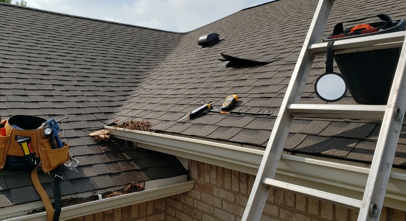 A Forged Roofing Solutions contractor inspecting shingles and flashing on a residential roof in Montgomery, AL. Close-up view shows a detailed examination of a roof section with visible gutter line and Alabama sky in the background.