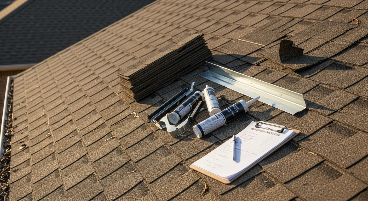 A Forged Roofing Solutions crew member inspecting storm-damaged shingles on a residential roof in Montgomery, AL. Close-up view shows lifted shingle edges and flashing separation typical of high-wind damage in central Alabama.