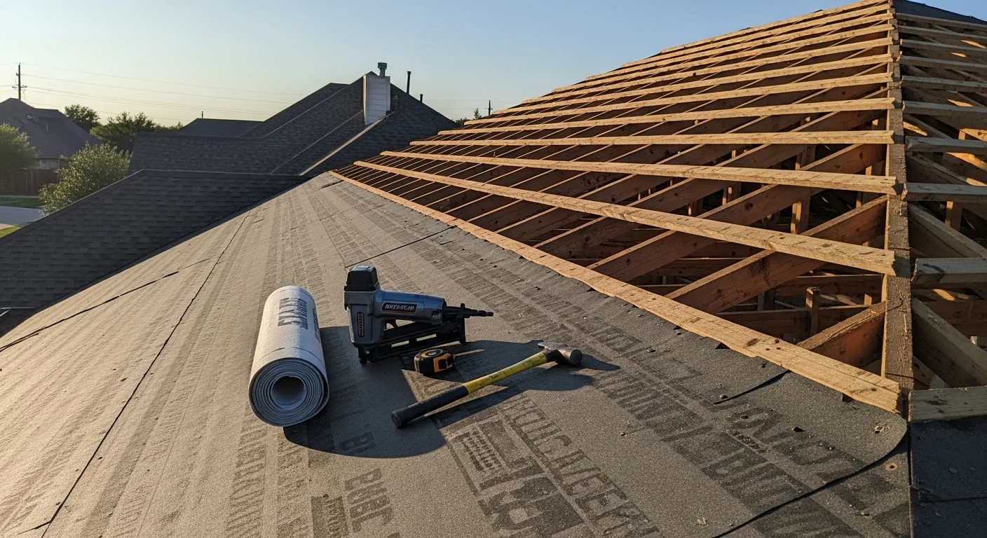 A completed residential roof replacement on a single-family home in Montgomery, AL, showing new roofing installed over a clean deck with finished ridge and flashing details. The surrounding yard is clear of debris following job-site cleanup by the Forged Roofing Solutions crew.