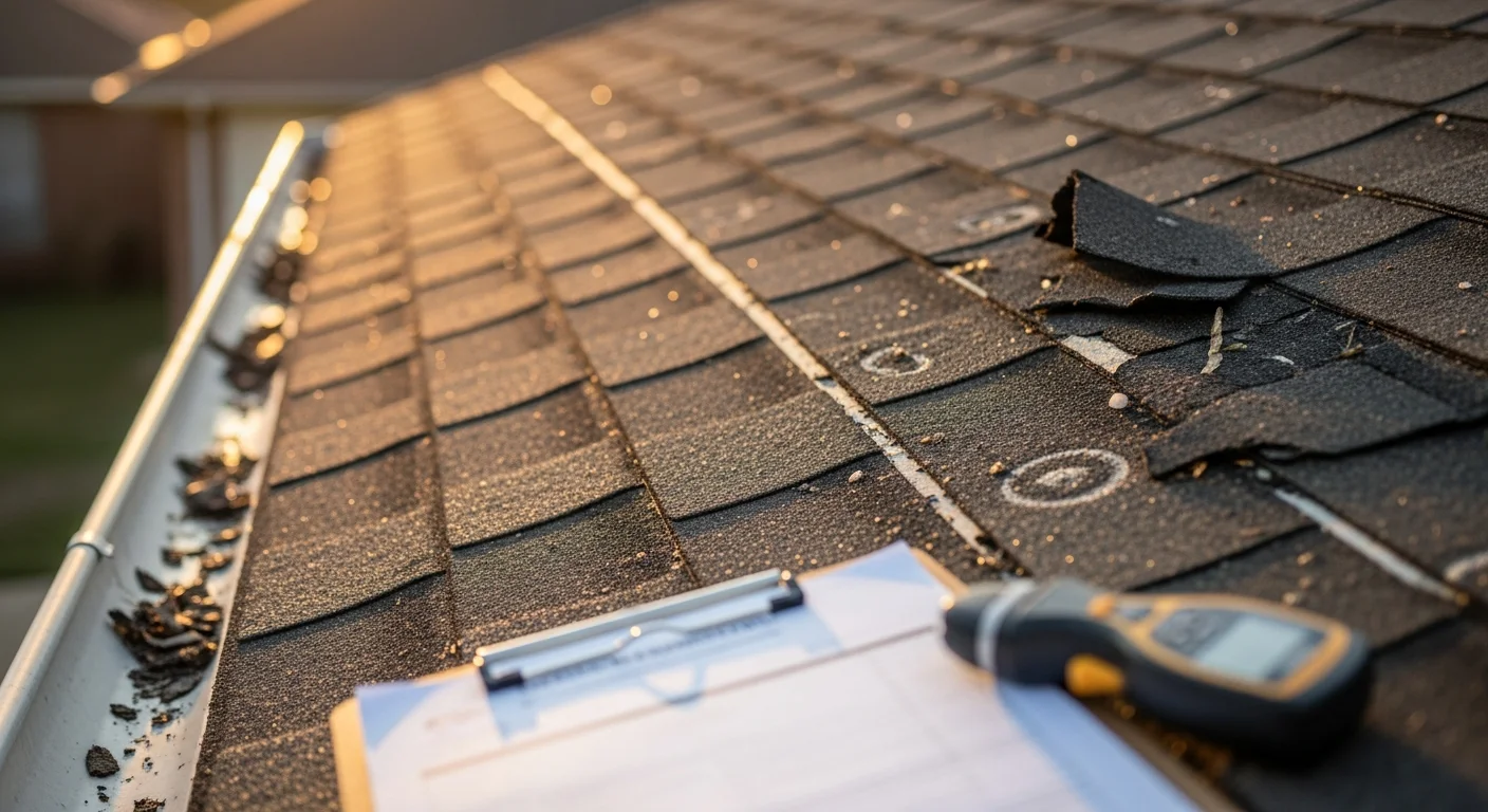 A Montgomery, AL residential roof showing storm damage with lifted shingles and hail impact marks on the surface. A roofing contractor from Forged Roofing Solutions inspects the damage from the roof slope following a severe weather event.