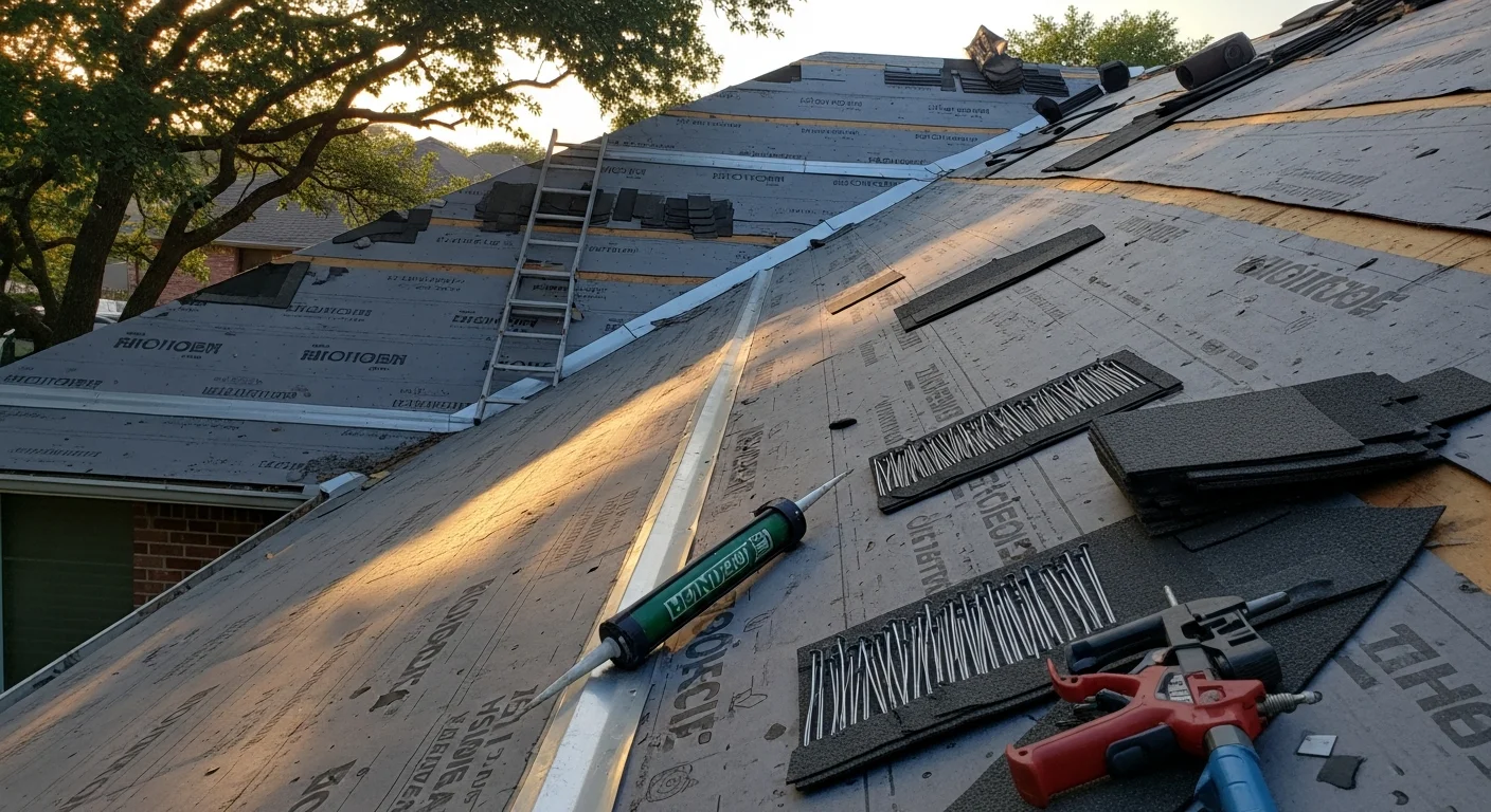 A Montgomery, AL residential roof after wind damage repair, showing replaced shingles and resealed flashing along the ridge line. The repaired section blends with the surrounding roof field on a single-story home with mature trees in the background.